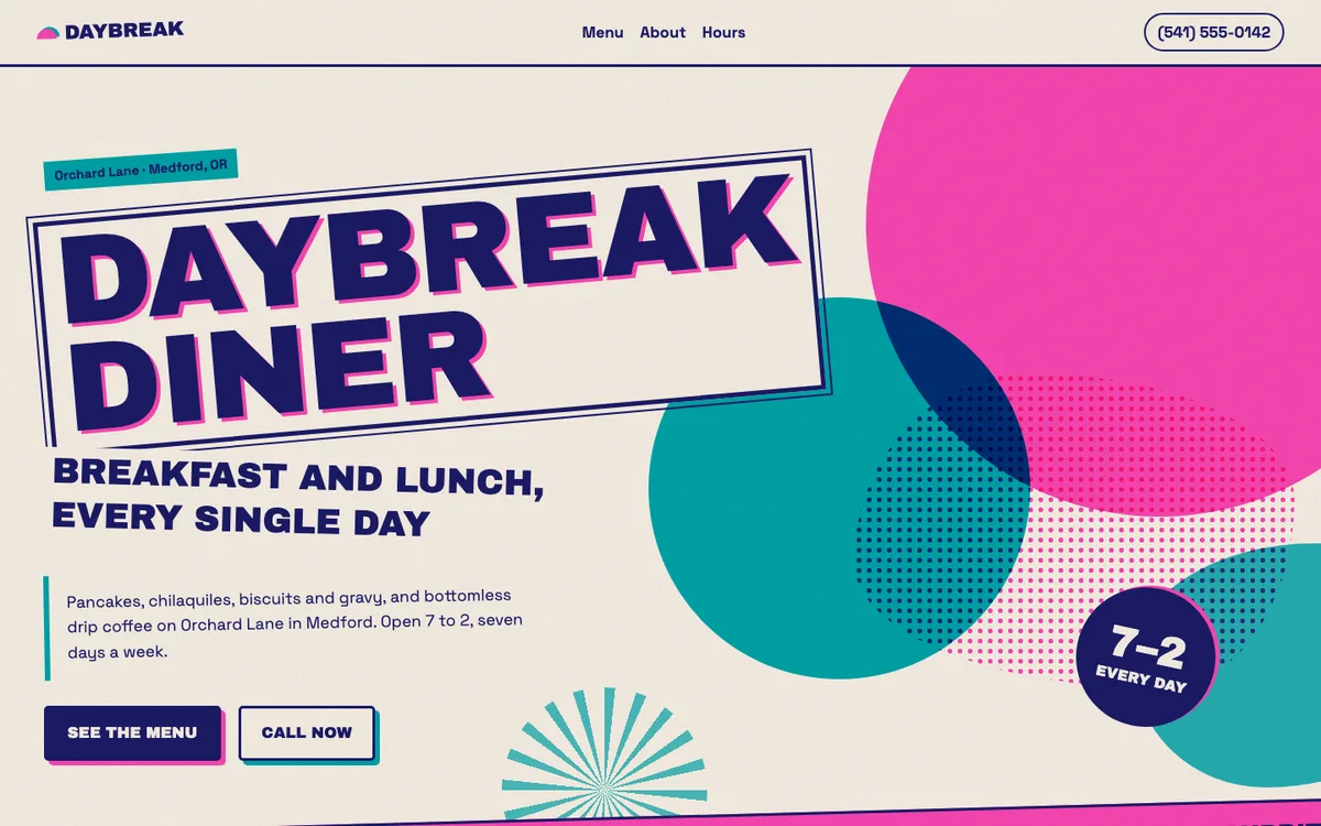 Example website for a breakfast diner: a bold, poster-style design with overlapping bright shapes
